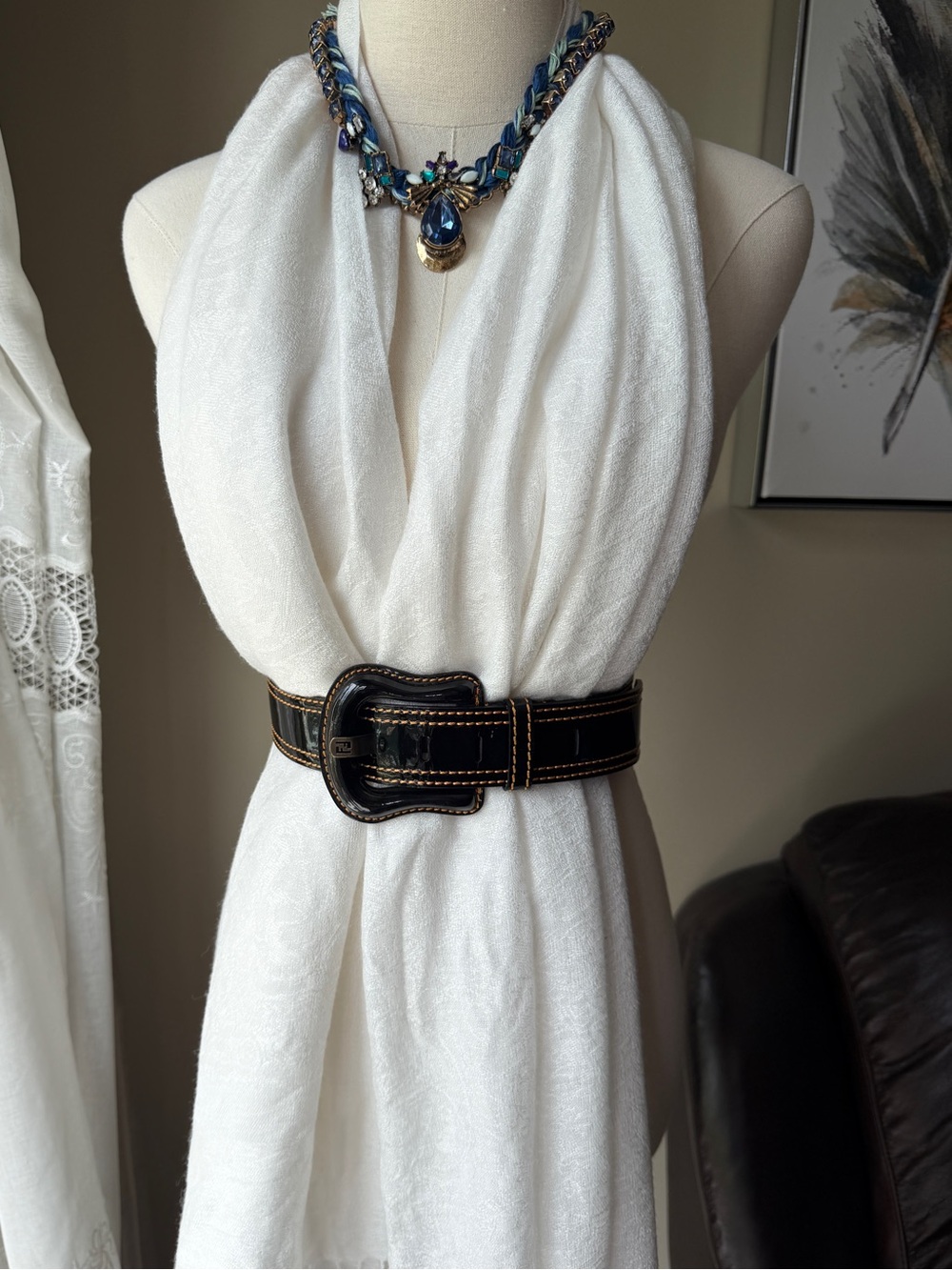 B-FENDI Black Patent Belt with Orange Stitching - Picture 2 of 9